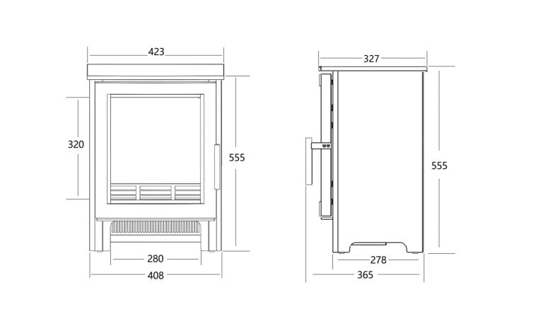 Dimensions of Trance 500 Matt Black Electric Stove with Real Log Video Play Stove & Pipe (From March 2025)