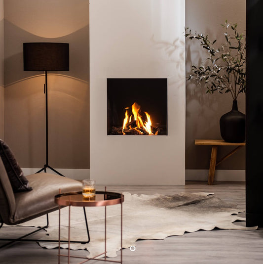 Trimline TL64-1 Front Facing Balanced Flue Gas Fire with Burning Log ,Black Glass Liners.