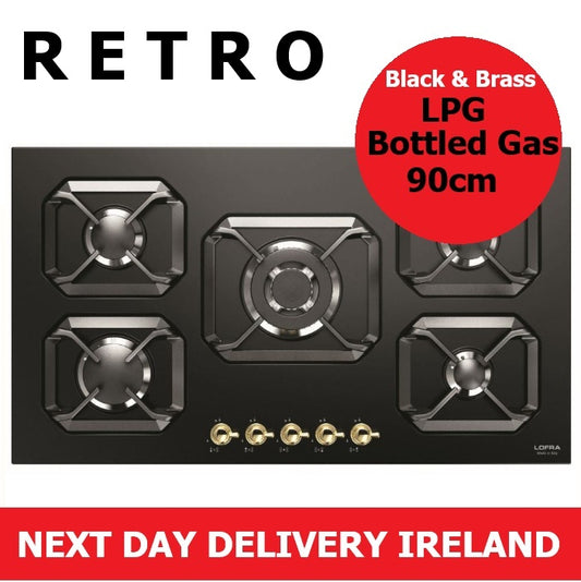90cm LPG PRE-CONVERTED BOTTLED GAS Retro Black & Brass 5 Burner Gas Hob(Special Offer)