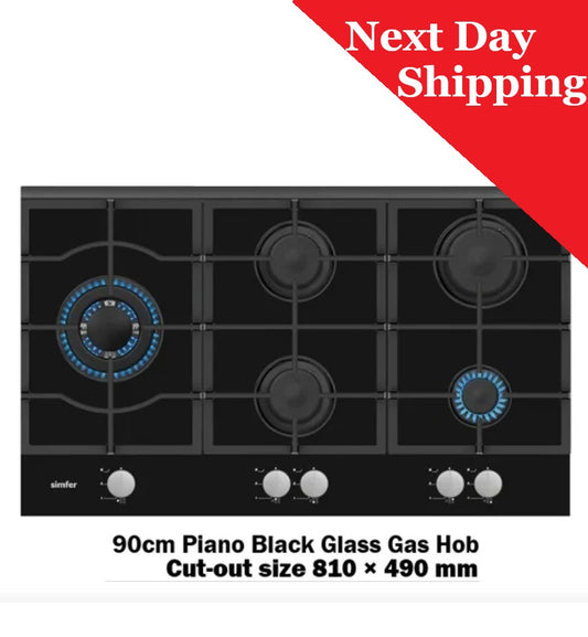 TGCSIMH9G Black Glass 5 Burner Gas Hob 90 cm (Next Day Delivery Shipping)