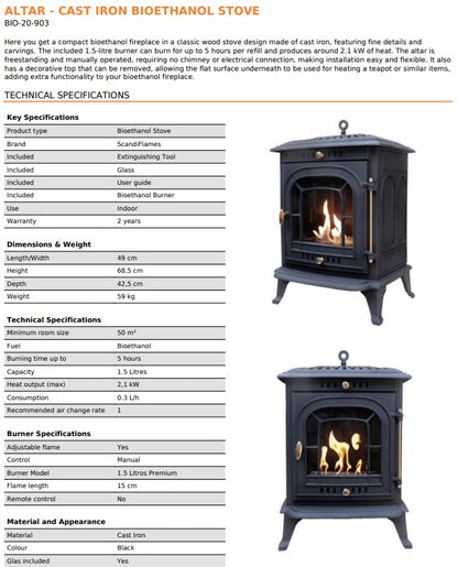 Scandi-Flame Altar Medium Cast Iron Bioethanol Single Door Stove Brass Furniture