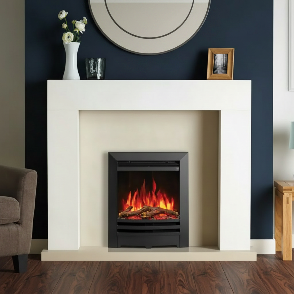 Black Anya Electric fireplace with flames in a living room setting.