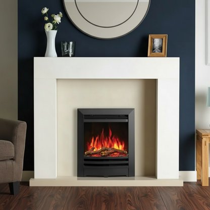 Black Anya Electric fireplace with flames in a living room setting.