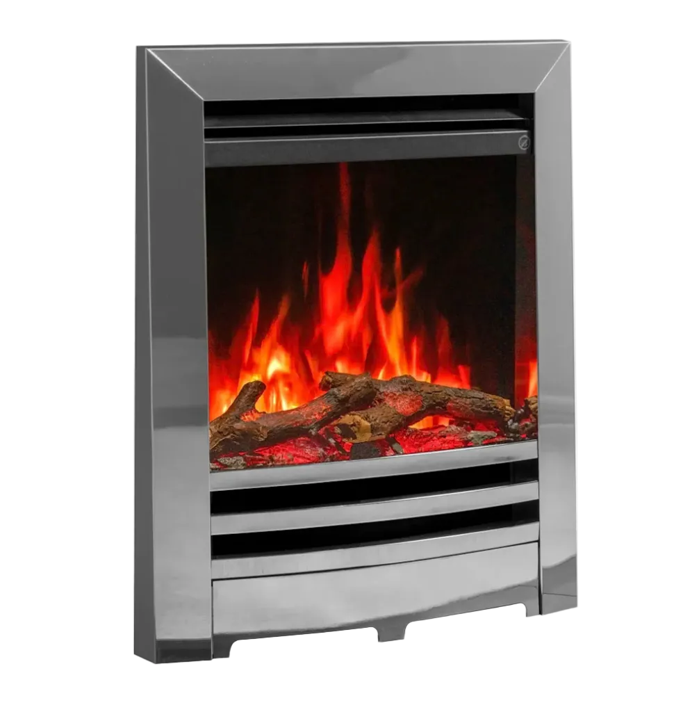 Anya Polished Steel Electric fireplace insert with glowing flames and logs on a white background