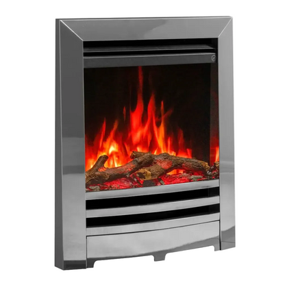 Anya Polished Steel Electric fireplace insert with glowing flames and logs on a white background