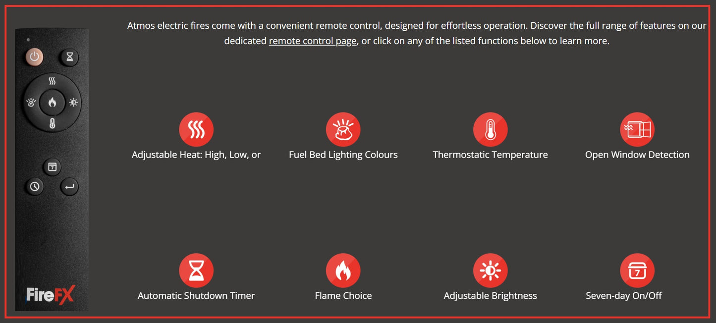 A Atmos Fire FX Versa Range remote control shown alongside a dark feature infographic with red icons and text describing functions such as adjustable heat, fuel bed lighting colors, thermostatic temperature, open window detection, automatic shutdown timer, flame choice, adjustable brightness, and seven-day on/off.