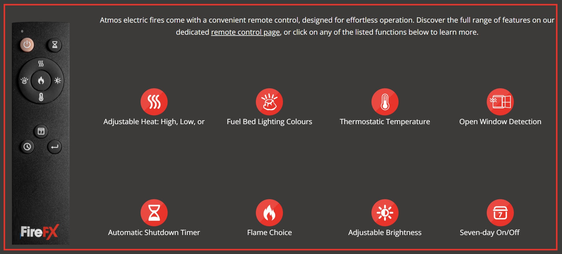 A Atmos Fire FX Versa Range remote control shown alongside a dark feature infographic with red icons and text describing functions such as adjustable heat, fuel bed lighting colors, thermostatic temperature, open window detection, automatic shutdown timer, flame choice, adjustable brightness, and seven-day on/off.