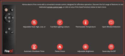 A Atmos Fire FX Versa Range remote control shown alongside a dark feature infographic with red icons and text describing functions such as adjustable heat, fuel bed lighting colors, thermostatic temperature, open window detection, automatic shutdown timer, flame choice, adjustable brightness, and seven-day on/off.
