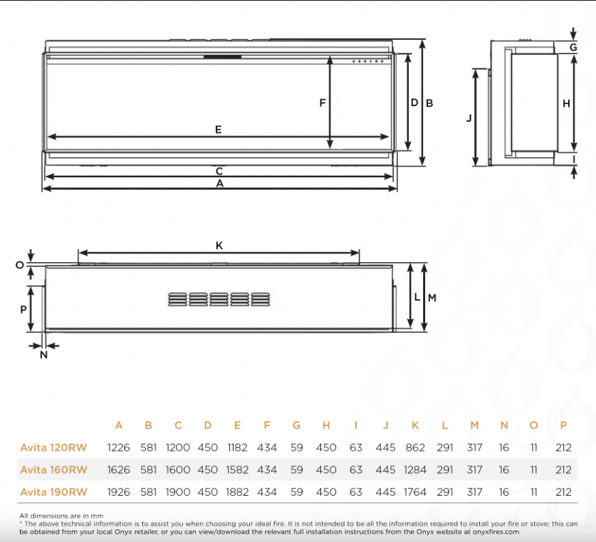A technical dimension diagram showing front, side, and top views of a fire door assembly with labeled dimensions A through K and dimension callouts, plus a small specification table for Avita 120RW, Avita 160RW, and Avita 190RW at the bottom.
