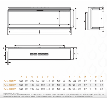 A technical dimension diagram showing front, side, and top views of a fire door assembly with labeled dimensions A through K and dimension callouts, plus a small specification table for Avita 120RW, Avita 160RW, and Avita 190RW at the bottom.