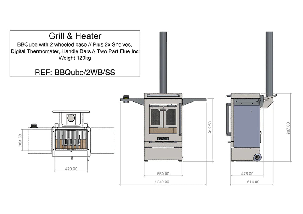 Wood Burning Portable Outdoor Stove Barbeque Grill Complete with Flue Pipe and 2 Side Tables Dimensions