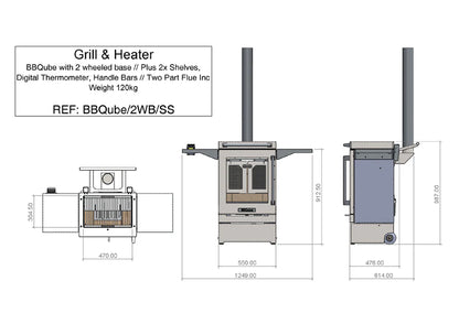 Wood Burning Portable Outdoor Stove Barbeque Grill Complete with Flue Pipe and 2 Side Tables Dimensions
