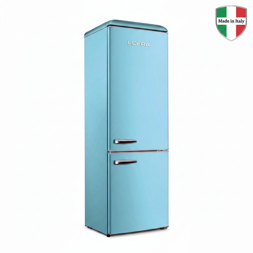 A light blue retro-style two-door refrigerator with silver handles and the Lofra brand name on the upper door, shown against a plain white background.  
