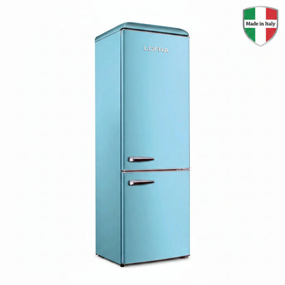 A light blue retro-style two-door refrigerator with silver handles and the Lofra brand name on the upper door, shown against a plain white background.  
