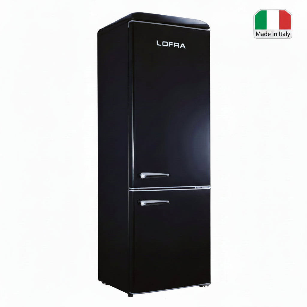 A black retro-style Lofra refrigerator with a top freezer compartment and silver handles, shown against a plain white background.