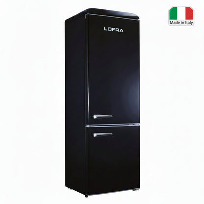 A black retro-style Lofra refrigerator with a top freezer compartment and silver handles, shown against a plain white background.