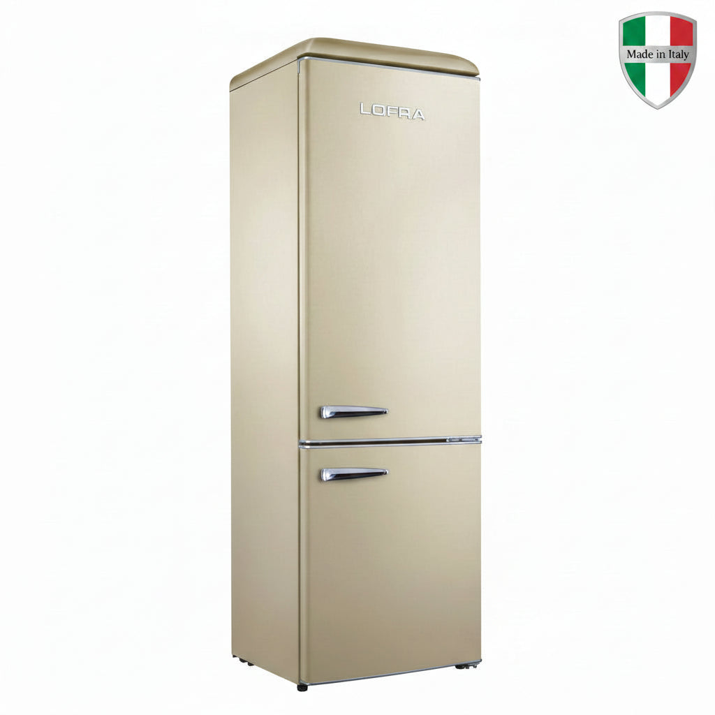 A Lofra retro-style two-door refrigerator in a metallic champagne gold finish, featuring chrome handles and a silver brand logo on the upper door, set against a plain white background. 