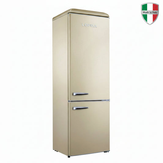 A Lofra retro-style two-door refrigerator in a metallic champagne gold finish, featuring chrome handles and a silver brand logo on the upper door, set against a plain white background. 