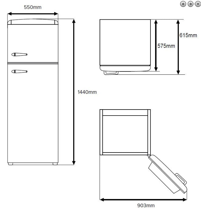 CDA Betty RETRO 1950's Style 55cm Fridge Freezer - H 144 cm x W 55 cm x D 61.5 cm
