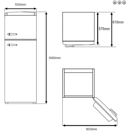 CDA Betty RETRO 1950's Style 55cm Fridge Freezer - H 144 cm x W 55 cm x D 61.5 cm