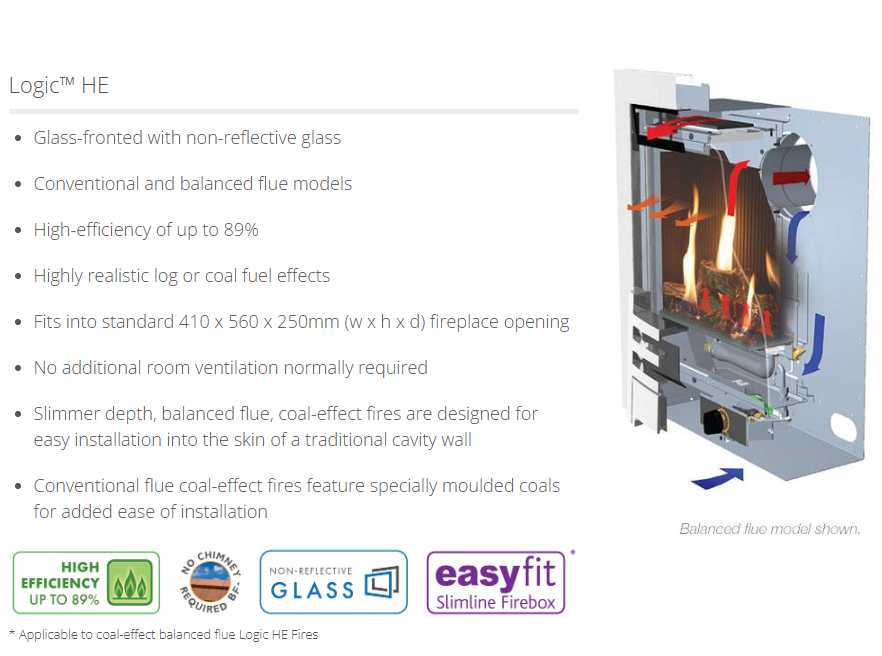 Gazco Logic HE Balanced Flue Log Effect Gas Fire with Black Arts Frame and Front
