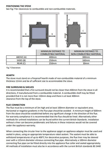 Technical diagram and specifications for Bassington 2 stove installation clearances and requirements.