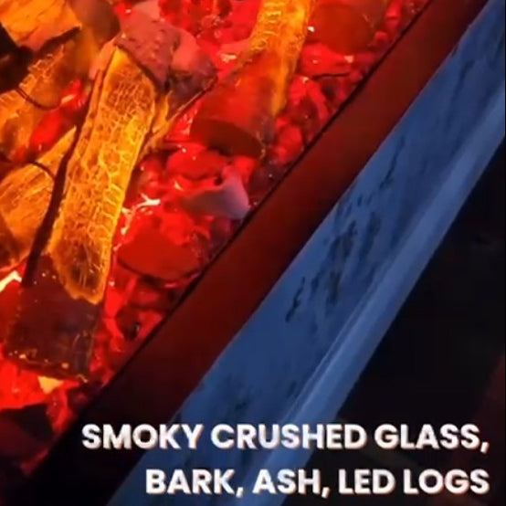 Aquarium Orange Log with smoky crushed glass, bark, ash, and LED logs.