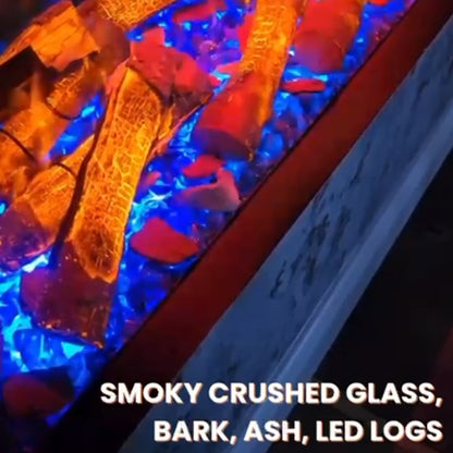 Decorative Aquarium Blue Log setup with smoky crushed glass, bark, ash, and LED logs.