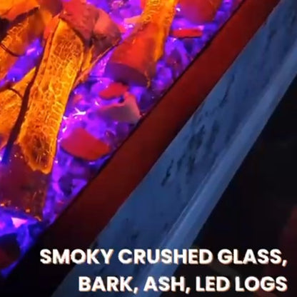 Aquarium Log with purple smoky crushed glass, bark, ash, and LED logs.