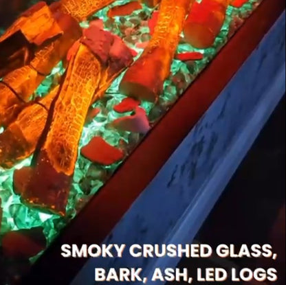 Decorative Log Green Aquarian Fuel Bed setup with smoky crushed glass, bark, ash, and LED Orange log effect.