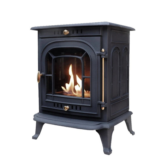 Scandi-Flame Bergen Small Cast Iron Bioethanol Stove Single Door Stove Brass Furniture
