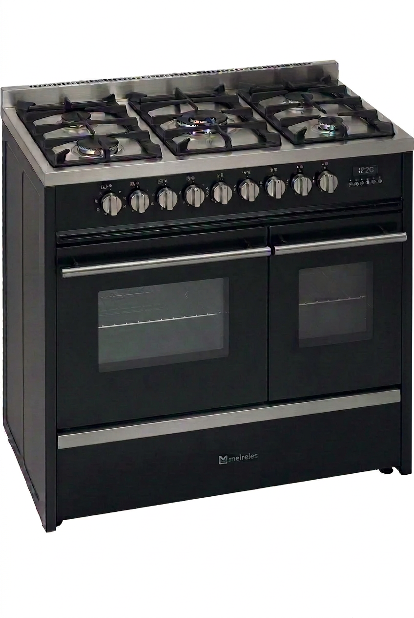 A black and stainless steel Meireles freestanding gas range cooker with two oven doors, six burners, and a row of control knobs on a white background. 