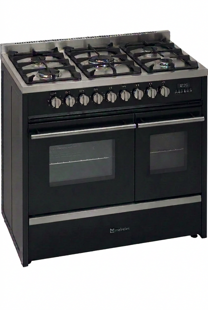 A black and stainless steel Meireles freestanding gas range cooker with two oven doors, six burners, and a row of control knobs on a white background. 