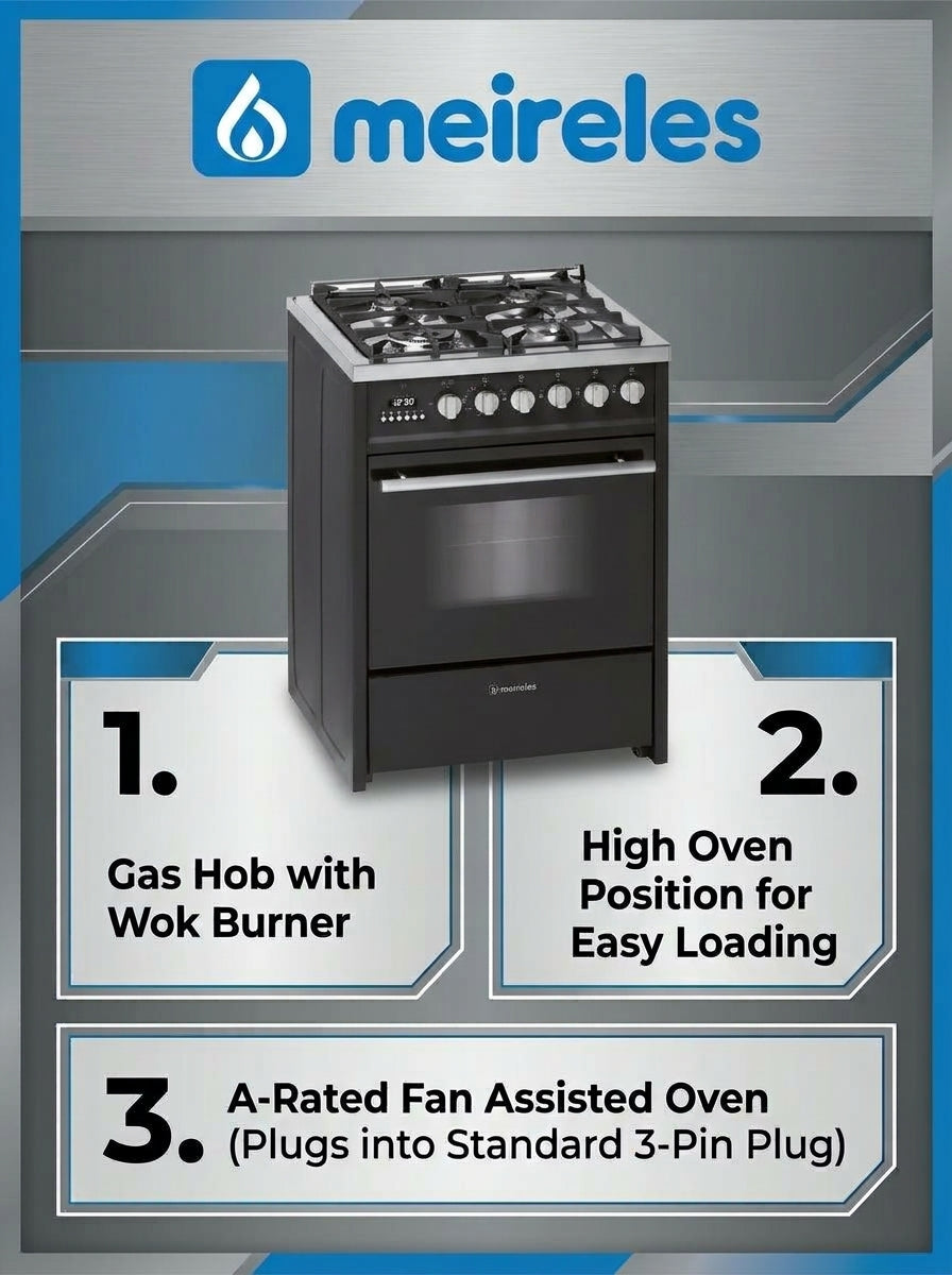 Meireles Braga E610BL Professioanl 60cm Black & Steel Gas Dual Fuel Range Cooker with Warming Drawer Features and Benefits