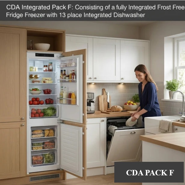CDA Built In Pack F: Integrated Frost Free Firdge Freezer with 13 Place Dishwasher