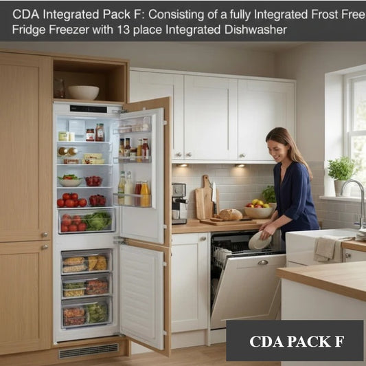 CDA Built In Pack F: Integrated Frost Free Firdge Freezer with 13 Place Dishwasher