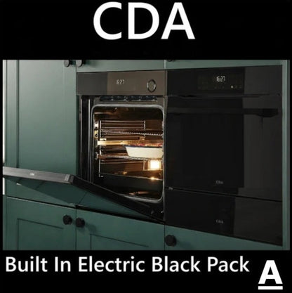 Built-in electric black oven range with glass doors and interior racks, installed in dark green kitchen cabinets. Large text at top reads 'CDA Kitchen Block Pack CD-A1' and bottom text reads 'Built In Electric Black Pack'.