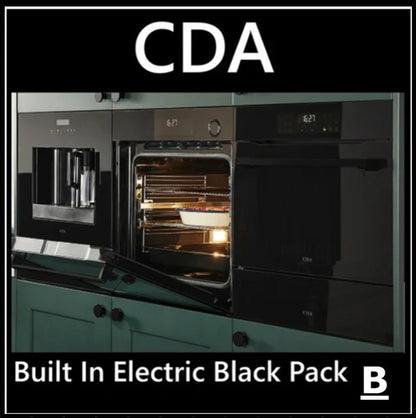 Built-in electric black oven and cooker unit installed in dark green kitchen cabinets, shown with the 2 warming drawers, integrated coffee machine , black combi microwave and electric oven with open door a dish inside. Large text at top reads 'CDA' and text at bottom reads 'Built In Electric Black Pack'.