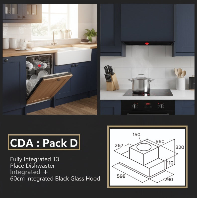 Integrated Dishwasher & Black Glass Canopy Extractor Hood -CDA Appliance Pack: D