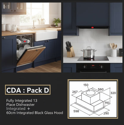 Integrated Dishwasher & Black Glass Canopy Extractor Hood -CDA Appliance Pack: D