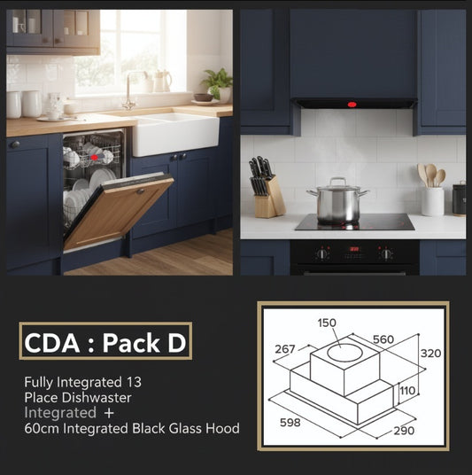 Integrated Dishwasher & Black Glass Canopy Extractor Hood -CDA Appliance Pack: D