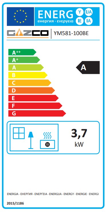 Energy label for a Gazco product with rating and specifications Gazco CL 5