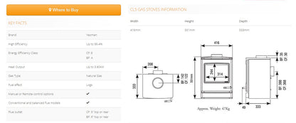 Product specifications and dimensions displayed on a white background of Gazco CL 5 range of gas stoves