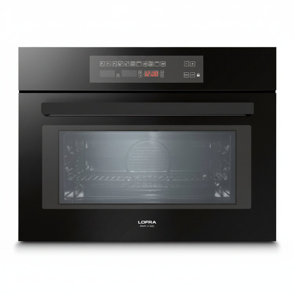 Black Lofra built-in wall oven with a digital control panel and glass door, shown on a white background.