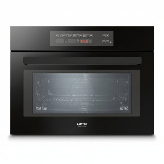 Black Lofra built-in wall oven with a digital control panel and glass door, shown on a white background.