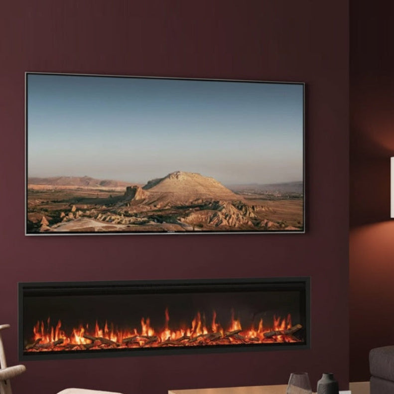 Living room with a mounted TV displaying a landscape and a fireplace with flames. FX 195R