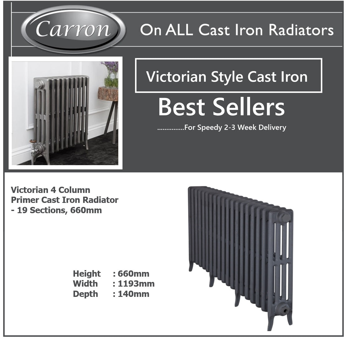Victorian Cast Iron Radiator–4 Column 19 Section,660 HIGH by W1193 by D140mm, (Primed Grey)