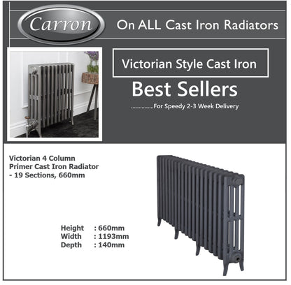 Victorian Cast Iron Radiator–4 Column 19 Section,660 HIGH by W1193 by D140mm, (Primed Grey)