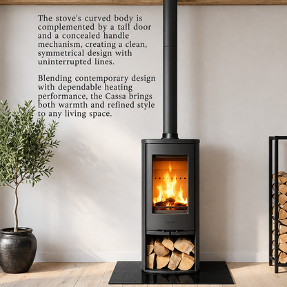 The Mazona Cassa 5kW Solid Fuel Pedestal Wood Burning Stove Ireland straight firewood stove shown on a white product information background with text specs, feature icons, and smaller detail photos of the open door handle and fire inside.