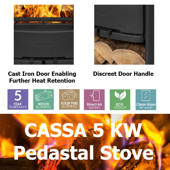 The Mazona Cassa 5kW Solid Fuel Pedestal Wood Burning Stove Ireland specs and details